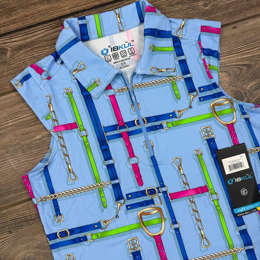 IBKUL Womens Size XS Sleeveless Zip Polo Nancy Peri Multi Equestrian Print NWT